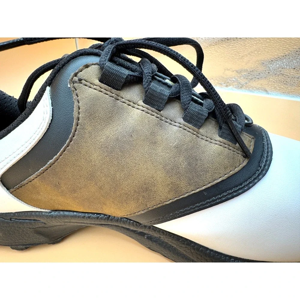 FootJoy GreenJoys Men's 10.5W White Brown Black Leather Lace-Up Golf Shoes Cleat - Picture 10 of 14